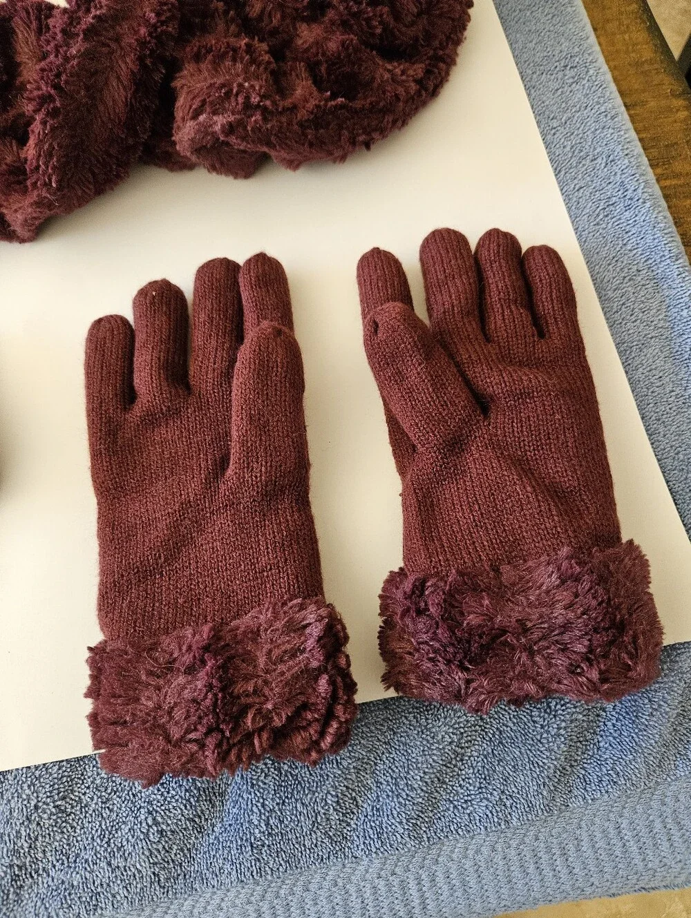 Women's Burgundy Faux-Fur Winter Scarf, Headband & Gloves Set Made By Avon